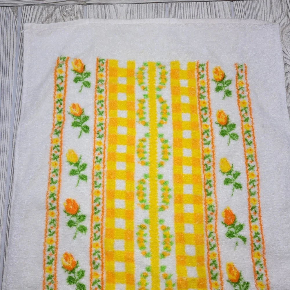 Dundee Hand‎ Towel Set White Yellow Orange Floral Tree Gingham 2pc MCM Vtg